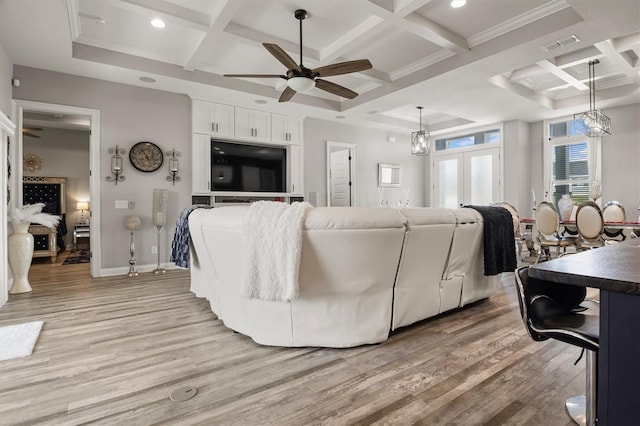 545 Pond Cypress Ct, Auburndale, FL 33823 - living room featuring coffered ceiling, light wood-style flooring, a ceiling fan, recessed lighting, and beam ceiling