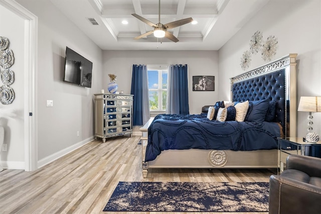 545 Pond Cypress Ct, Auburndale, FL 33823 - bedroom with coffered ceiling, wood finished floors, beamed ceiling, crown molding, and ceiling fan