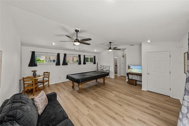 914 Mangham Rd, Babson Park, FL 33827 - game room with light wood finished floors, a ceiling fan, billiards table, recessed lighting, and vaulted ceiling