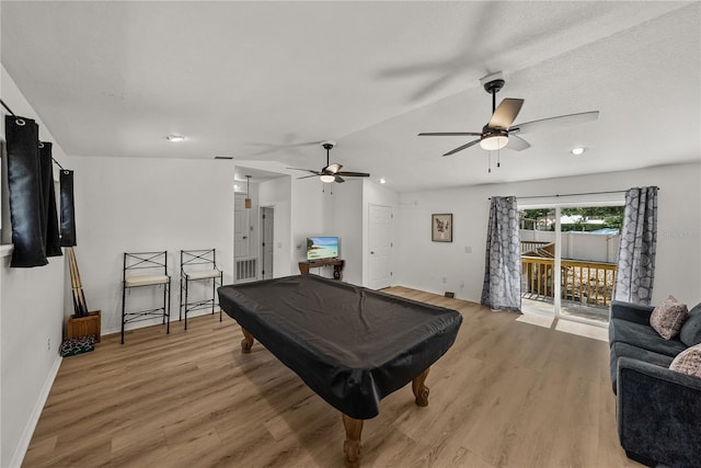 914 Mangham Rd, Babson Park, FL 33827 - playroom featuring light wood-style flooring, ceiling fan, billiards table, and lofted ceiling