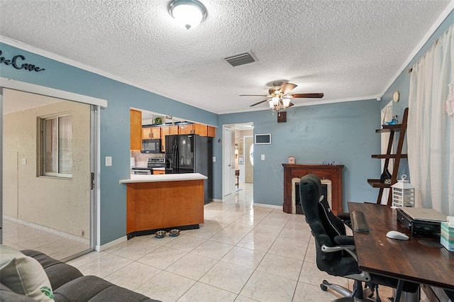 611 Caddy Dr, Kissimmee, FL 34759 - home office with ceiling fan, crown molding, a textured ceiling, and light tile patterned flooring