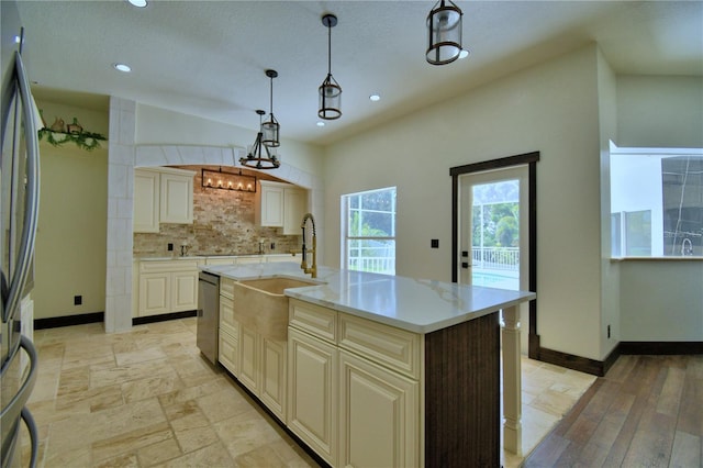 10708 Belo Horizonte Ave, Clermont, FL 34711 - kitchen featuring stainless steel dishwasher, tasteful backsplash, recessed lighting, fridge, and pendant lighting