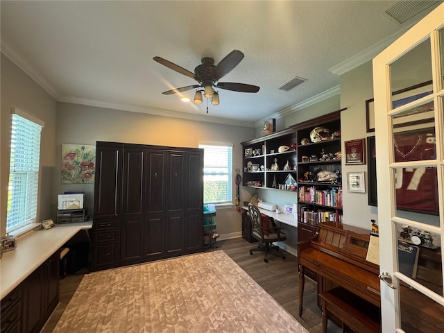 25863 Crossings Bluff Ln, Sorrento, FL 32776 - home office featuring dark wood-type flooring, ceiling fan, and ornamental molding