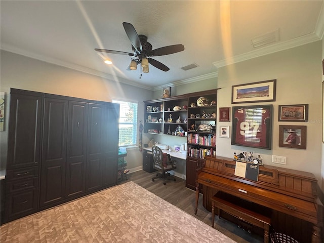 25863 Crossings Bluff Ln, Sorrento, FL 32776 - office area with ceiling fan, wood finished floors, and ornamental molding