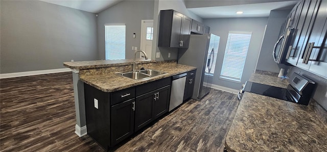 1318 Herschell St, Lakeland, FL 33815 - kitchen featuring stainless steel appliances, dark wood finished floors, a peninsula, vaulted ceiling, and healthy amount of natural light