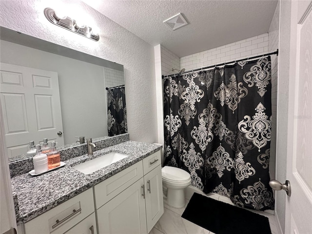 1736 3rd St NE, Winter Haven, FL 33881 - full bathroom with a textured ceiling, vanity, a textured wall, a shower with shower curtain, and marble look tile flooring