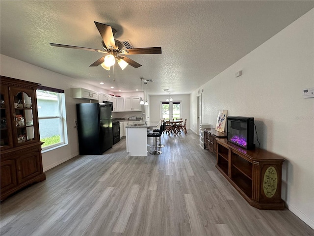 1736 3rd St NE, Winter Haven, FL 33881 - living room with a textured ceiling, light wood-type flooring, and ceiling fan