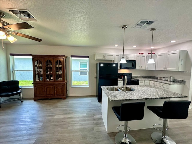 1736 3rd St NE, Winter Haven, FL 33881 - kitchen featuring black appliances, light wood-style floors, light stone counters, recessed lighting, and a textured ceiling