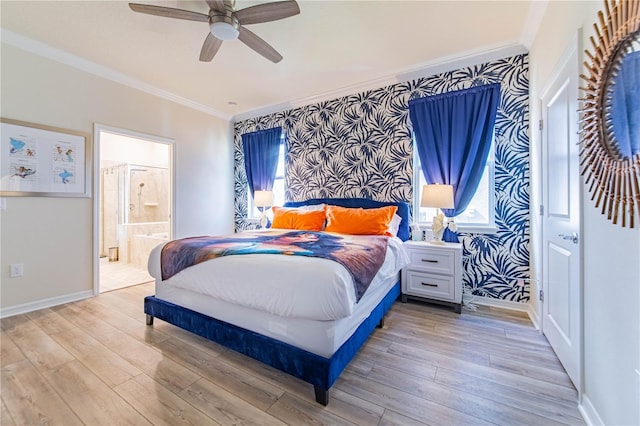 2090 Lelani Cir, Davenport, FL 33897 - bedroom featuring crown molding, wallpapered walls, light wood-style floors, ceiling fan, and ensuite bath