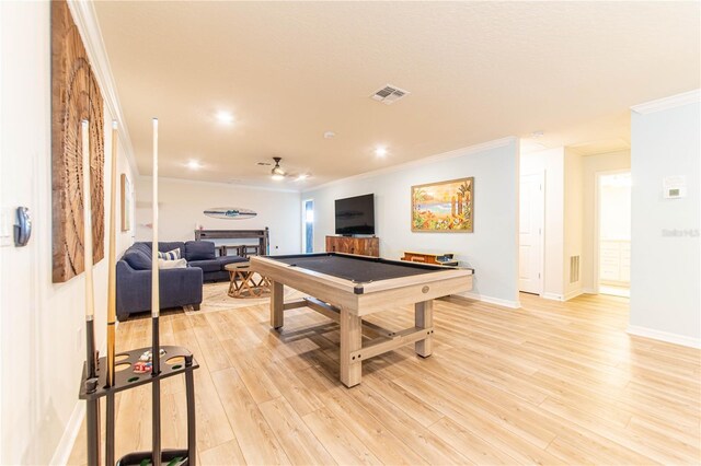 2090 Lelani Cir, Davenport, FL 33897 - rec room featuring crown molding, a fireplace, light wood-style floors, billiards table, and recessed lighting