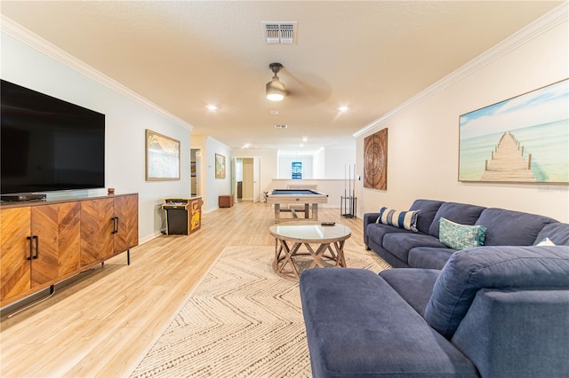 2090 Lelani Cir, Davenport, FL 33897 - living room with crown molding, light wood-style floors, a ceiling fan, billiards table, and recessed lighting