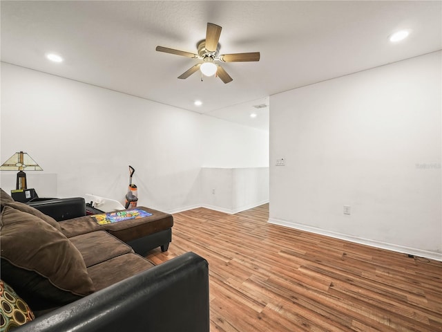 3747 Woodbury Hill Loop, Lakeland, FL 33810 - living room featuring ceiling fan, wood finished floors, and recessed lighting