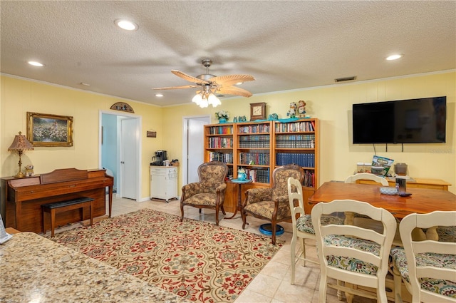305 Hernando Rd, Winter Haven, FL 33884 - living room featuring ornamental molding, tile patterned flooring, a textured ceiling, ceiling fan, and recessed lighting