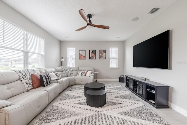 1504 Aspen Ave, Davenport, FL 33837 - living area featuring ceiling fan, a textured ceiling, and light tile patterned floors
