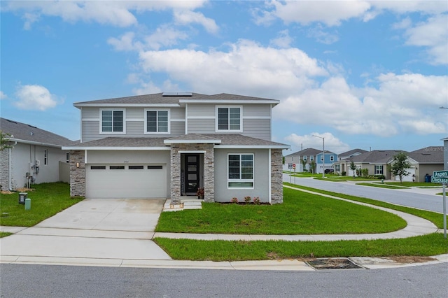 1504 Aspen Ave, Davenport, FL 33837 - view of front facade featuring stone siding, a front yard, solar panels, and concrete driveway