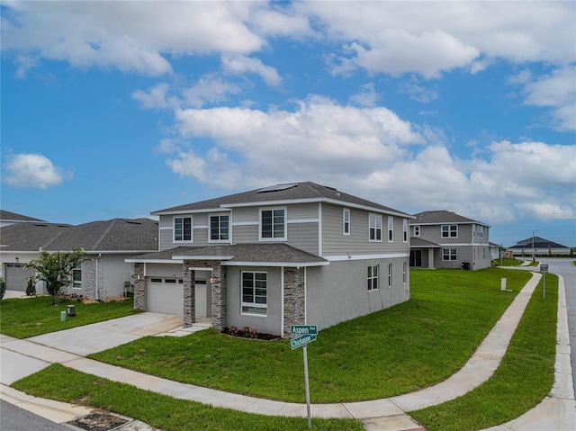 1504 Aspen Ave, Davenport, FL 33837 - view of front facade featuring concrete driveway, a front yard, a garage, roof mounted solar panels, and stone siding