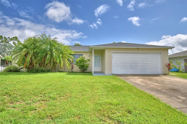 2123 Ramsdale Dr SE, Palm Bay, FL 32909 - view of front of house with driveway, a garage, stucco siding, and a front lawn