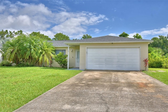 2123 Ramsdale Dr SE, Palm Bay, FL 32909 - view of front of house featuring stucco siding, a front yard, driveway, a garage, and a shingled roof