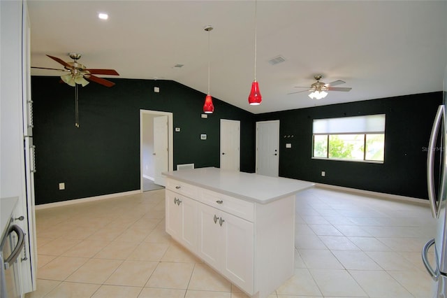 2123 Ramsdale Dr SE, Palm Bay, FL 32909 - kitchen featuring ceiling fan, lofted ceiling, open floor plan, and light tile patterned floors