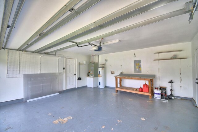 2123 Ramsdale Dr SE, Palm Bay, FL 32909 - garage featuring water heater, a workshop area, electric panel, a garage door opener, and heating unit