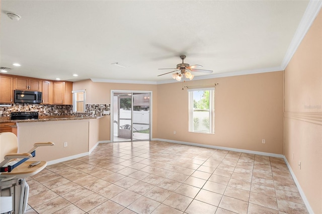 222 Carpenters Way Unit 73, Lakeland, FL 33805 - kitchen featuring black appliances, a ceiling fan, backsplash, ornamental molding, and recessed lighting