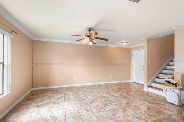 222 Carpenters Way Unit 73, Lakeland, FL 33805 - spare room featuring a ceiling fan, stairs, crown molding, and a smoke detector