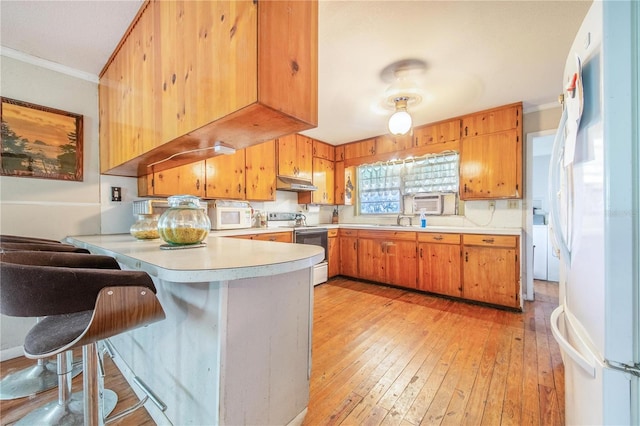 4430 1st St NW, Lakeland, FL 33810 - kitchen with white appliances, ornamental molding, under cabinet range hood, light countertops, and a peninsula