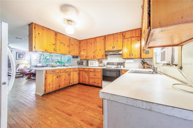 4430 1st St NW, Lakeland, FL 33810 - kitchen featuring white electric range oven, under cabinet range hood, a peninsula, light countertops, and light wood-type flooring