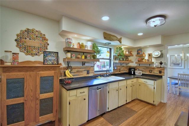 2814 Grapefruit Dr, Auburndale, FL 33823 - kitchen featuring dishwasher, open shelves, cream cabinets, dark countertops, and recessed lighting