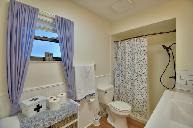 2814 Grapefruit Dr, Auburndale, FL 33823 - bathroom featuring a wainscoted wall, a shower with curtain, vanity, and wood finished floors