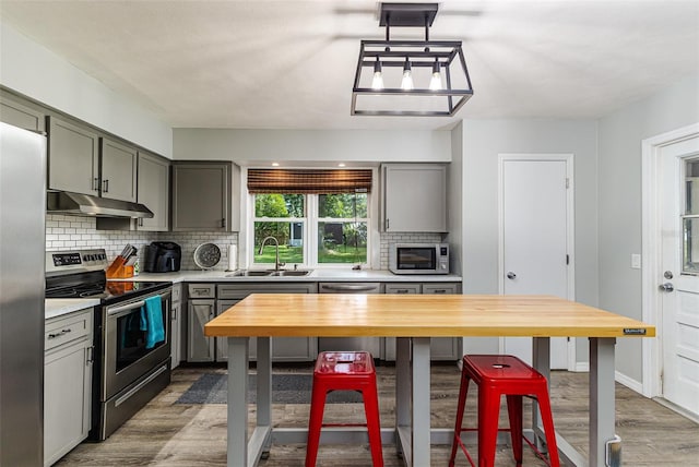 2056 Broken Arrow Trl N, Lakeland, FL 33813 - kitchen with appliances with stainless steel finishes, under cabinet range hood, gray cabinetry, and wood finished floors