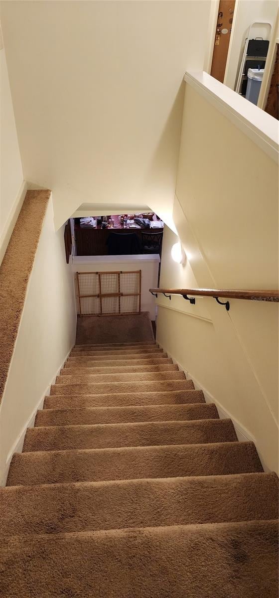 stairway featuring carpet flooring