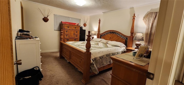 carpeted bedroom with a textured ceiling