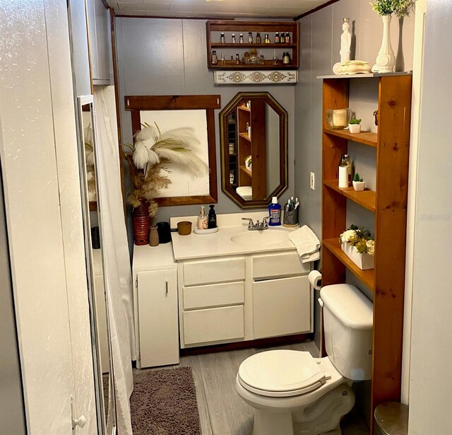 bathroom with hardwood / wood-style flooring, toilet, and oversized vanity