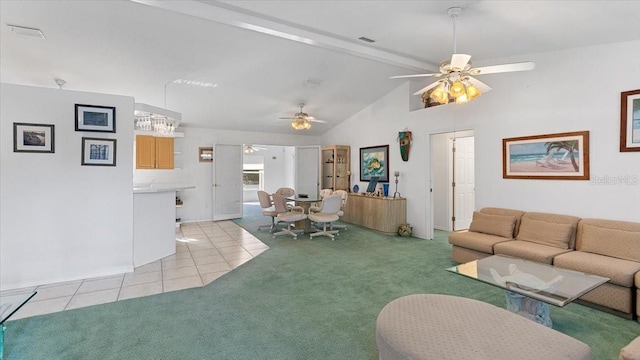 carpeted living room with ceiling fan, high vaulted ceiling, and beam ceiling