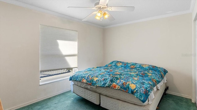 bedroom featuring ornamental molding, ceiling fan, and dark colored carpet