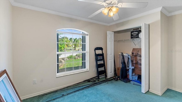 unfurnished bedroom with a closet, light carpet, crown molding, and ceiling fan