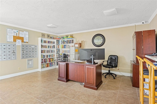 office space with ornamental molding, a textured ceiling, and light tile floors