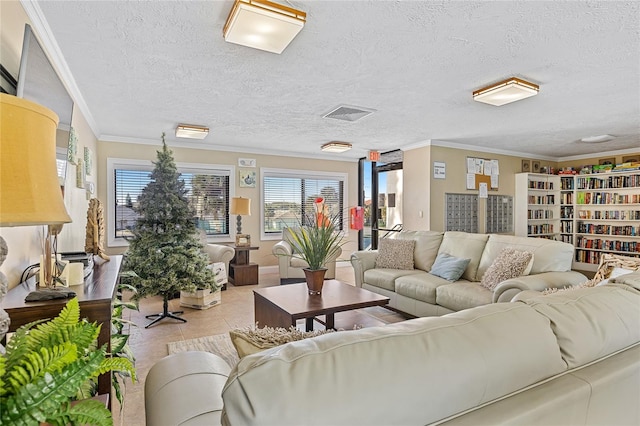 tiled living room featuring a textured ceiling and ornamental molding
