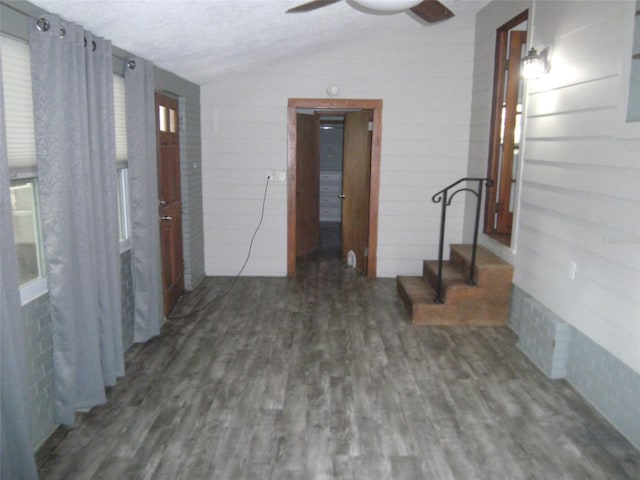 interior space featuring ceiling fan, a healthy amount of sunlight, dark wood-type flooring, a textured ceiling, and lofted ceiling