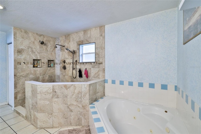 bathroom featuring tile walls, tile flooring, a tile shower, and a textured ceiling