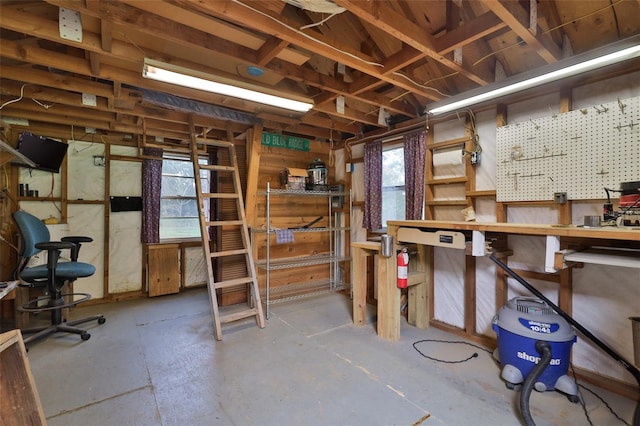 basement with a healthy amount of sunlight and a workshop area