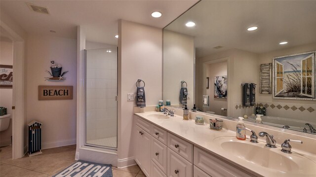 263 Minorca Beach Way Unit 803, New Smyrna Beach, FL 32169 - bathroom with shower with separate bathtub, double vanity, and tile floors