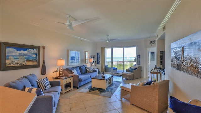 263 Minorca Beach Way Unit 803, New Smyrna Beach, FL 32169 - living room featuring light tile flooring, ceiling fan, and crown molding