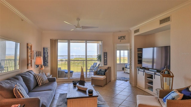 263 Minorca Beach Way Unit 803, New Smyrna Beach, FL 32169 - living room featuring light tile floors, crown molding, and ceiling fan