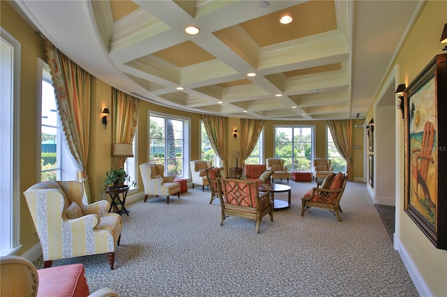 263 Minorca Beach Way Unit 803, New Smyrna Beach, FL 32169 - living room featuring coffered ceiling, ornamental molding, carpet flooring, and beam ceiling