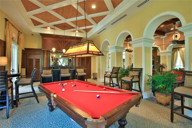 263 Minorca Beach Way Unit 803, New Smyrna Beach, FL 32169 - recreation room with coffered ceiling, a healthy amount of sunlight, pool table, and decorative columns