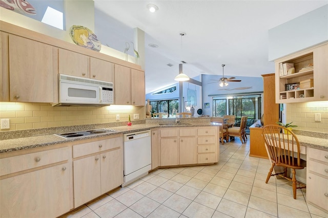 kitchen featuring light brown cabinets, ceiling fan, white appliances, and tasteful backsplash