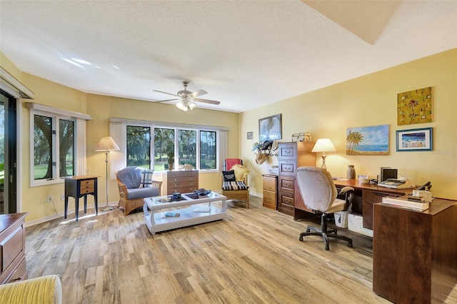 office featuring a textured ceiling, ceiling fan, and light wood-type flooring