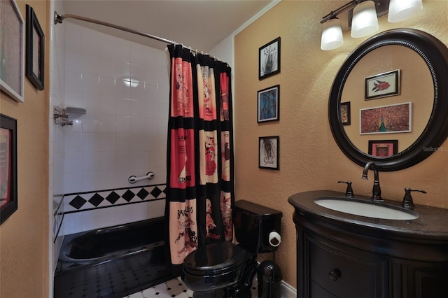 full bathroom with toilet, shower / bath combo, tile floors, and large vanity